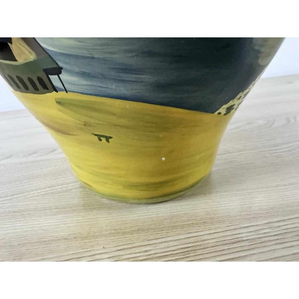 Hand Painted Lighthouse Ceramic Vase Coastal Nautical Seascape Large Yellow Blue
